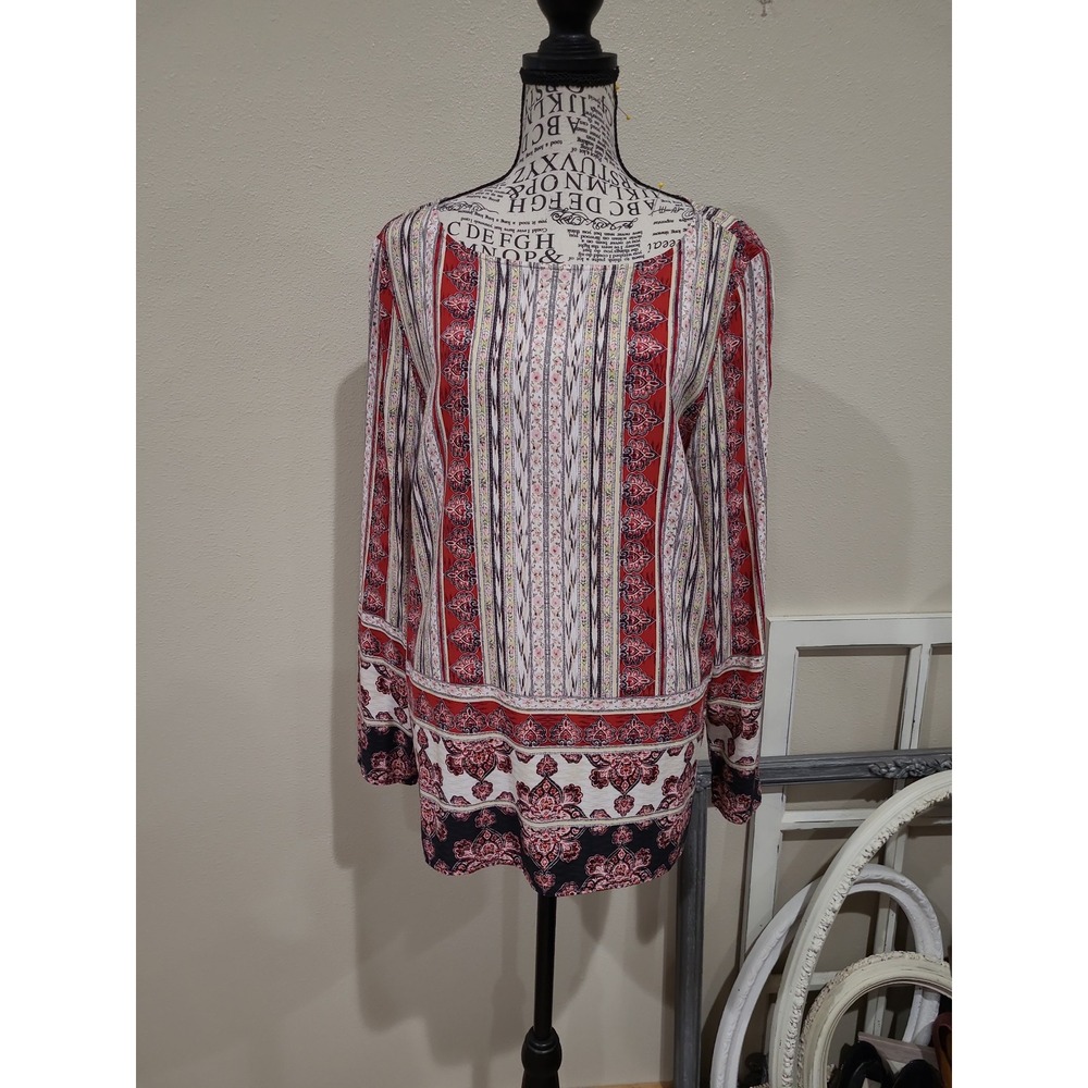 J.Jill women SZ M popover‎ Tunic  Blouse boho floral stripe casual career top